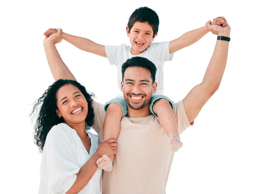 A joyful family of three, smiling and celebrating together with the child on the father's shoulders.